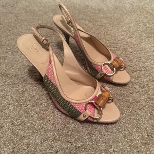 Gucci Bamboo Pink and Green Slingback Heels